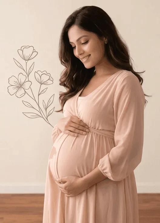 Expectant mother in a flowing gown during a maternity photoshoot at the 8 Lenses studio in Kurla, Mumbai